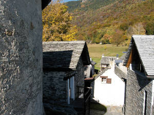 Hinter den typischen, alten Tessiner Steinhäusern erstreckt sich der Wald hügelaufwärts und zeigt sich im Herbst in seinen buntesten Farben.