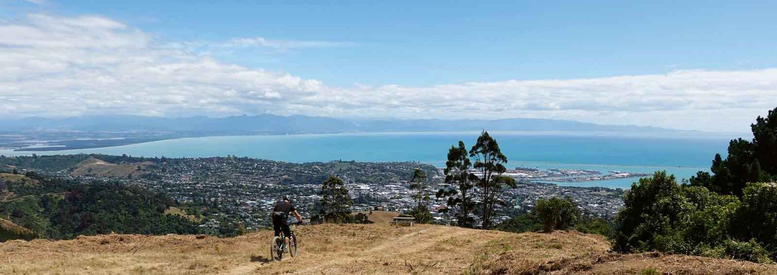 Aussicht vom höchsten Punkt des Codgers Trail Park mit Blick auf Nelson und die Tasman Bay, benannt nach Abel Tasman, dem holländischen See­fahrer, dem die Entdeckung Neuseelands zugeschrieben wird.