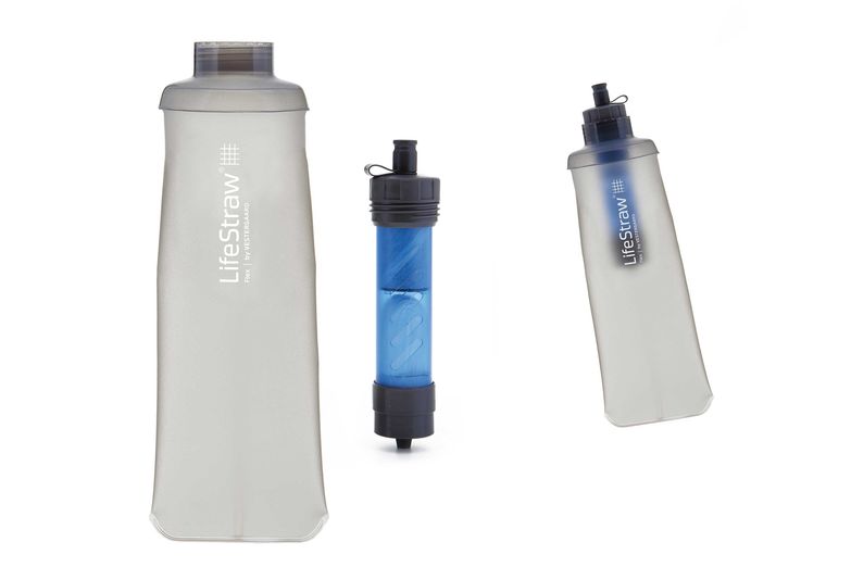 Trinkflasche mit Trinkhalm-Wasserfilter von Lifestraw über Transa.  